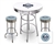 Bar Table Set 3 Piece with a White and Chrome Table Featuring the Tampa Bay Rays MLB Team Logo Decal with a Glass Top and 2-29" Tall Swivel Seat Stools with the Team Logo on Baby Blue Vinyl Covered Seat Cushions