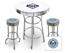 Bar Table Set 3 Piece with a White and Chrome Table Featuring the Tampa Bay Rays MLB Team Logo Decal with a Glass Top and 2-29" Tall Swivel Seat Stools with the Team Logo on Baby Blue Vinyl Covered Seat Cushions