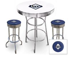 Bar Table Set 3 Piece with a White Table Featuring the Tampa Bay Rays MLB Team Logo Decal and 2-29" Tall Swivel Seat Stools with the Team Logo on Blue Vinyl Covered Seat Cushions