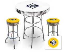 Bar Table Set 3 Piece with a White Table Featuring the Tampa Bay Rays MLB Team Logo Decal and 2-29" Tall Swivel Seat Stools with the Team Logo on Yellow Vinyl Covered Seat Cushions