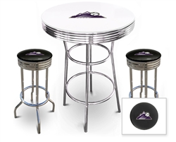 Bar Table Set 3 Piece with a White and Chrome Table Featuring the Colorado Rockies MLB Team Logo Decal with a Glass Top and 2-29" Tall Swivel Seat Stools with the Team Logo on Black Vinyl Covered Seat Cushions