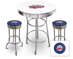 Bar Table Set 3 Piece with a White Table Featuring the Minnesota Twins MLB Team Logo Decal and 2-29" Tall Swivel Seat Stools with the Team Logo on Blue Vinyl Covered Seat Cushions