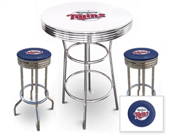 Bar Table Set 3 Piece with a White and Chrome Table Featuring the Minnesota Twins MLB Team Logo Decal with a Glass Top and 2-29" Tall Swivel Seat Stools with the Team Logo on Blue Vinyl Covered Seat Cushions