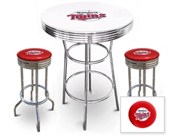 Bar Table Set 3 Piece with a White and Chrome Table Featuring the Minnesota Twins MLB Team Logo Decal with a Glass Top and 2-29" Tall Swivel Seat Stools with the Team Logo on Red Vinyl Covered Seat Cushions