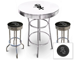 Bar Table Set 3 Piece with a White Table Featuring the Chicago White Sox MLB Team Logo Decal and 2-29" Tall Swivel Seat Stools with the Team Logo on Black Vinyl Covered Seat Cushions