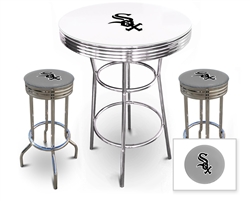 Bar Table Set 3 Piece with a White and Chrome Table Featuring the Chicago White Sox MLB Team Logo Decal with a Glass Top and 2-29" Tall Swivel Seat Stools with the Team Logo on Gray Vinyl Covered Seat Cushions