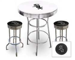 Bar Table Set 3 Piece with a White and Chrome Table Featuring the Chicago White Sox MLB Team Logo Decal with a Glass Top and 2-29" Tall Swivel Seat Stools with the Team Logo on Black Vinyl Covered Seat Cushions