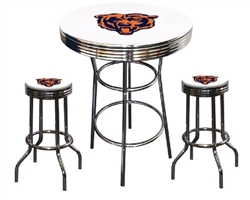 Bar Table Set 3 Piece with a White Table Featuring the Chicago Bears NFL Team Logo Decal and 2-29" Tall Swivel Seat Stools with the Team Logo on White Vinyl Covered Seat Cushions