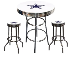 Bar Table Set 3 Piece with a White Table Featuring the Dallas Cowboys NFL Team Logo Decal and 2-29" Tall Swivel Seat Stools with the Team Logo on White Vinyl Covered Seat Cushions