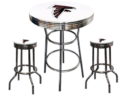 Bar Table Set 3 Piece with a White Table Featuring the Atlanta Falcons NFL Team Logo Decal and 2-29" Tall Swivel Seat Stools with the Team Logo on White Vinyl Covered Seat Cushions