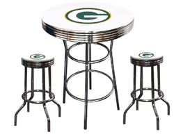 Bar Table Set 3 Piece with a White Table Featuring the Green Bay Packers NFL Team Logo Decal and 2-29" Tall Swivel Seat Stools with the Team Logo on White Vinyl Covered Seat Cushions