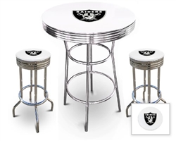 Bar Table Set 3 Piece with a White Table Featuring the Oakland Raiders NFL Team Logo Decal and 2-29" Tall Swivel Seat Stools with the Team Logo on White Vinyl Covered Seat Cushions