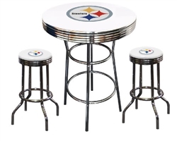 Bar Table Set 3 Piece with a White Table Featuring the Pittsburgh Steelers NFL Team Logo Decal and 2-29" Tall Swivel Seat Stools with the Team Logo on White Vinyl Covered Seat Cushions
