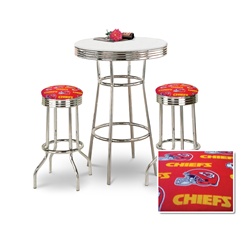 36" Tall Chrome Bar Table & 2 Kansas City Chiefs NFL Fabric Seat Barstools