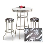 36" Tall Chrome Bar Table & 2 Oakland Raiders NFL Fabric Seat Barstools