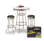 36" Tall Chrome Bar Table & 2 Pittsburgh Steelers NFL Black Fabric Seat Barstools