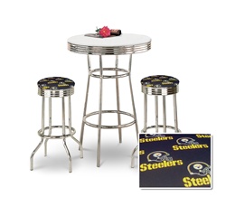 36" Tall Chrome Bar Table & 2 Pittsburgh Steelers NFL Black Fabric Seat Barstools