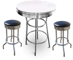 3 Piece Set - 42" Tall White and Chrome Finish Table with 2-29" Black Vinyl Swivel Seat Bar Stools
