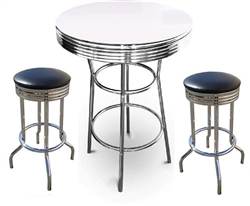 3 Piece Set - 42" Tall White and Chrome Finish Table with 2-29" Black Vinyl Swivel Seat Bar Stools