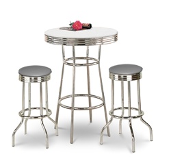 36" Tall Chrome Bar Table & 2 Gray Vinyl Seat Barstools