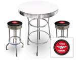 New 3 Piece Bar Table Set Includes 2 Swivel Seat Bar Stools featuring Flying A Gasoline Theme with Black Seat Cushion