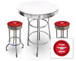 New 3 Piece Bar Table Set Includes 2 Swivel Seat Bar Stools featuring Flying A Gasoline Theme with Red Seat Cushion