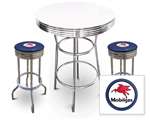 New 3 Piece Bar Table Set Includes 2 Swivel Seat Bar Stools featuring Mobil Gas Theme with Blue Seat Cushion