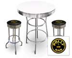 New 3 Piece Bar Table Set Includes 2 Swivel Seat Bar Stools featuring Polly Gas Theme with Black Seat Cushion