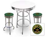 New 3 Piece Bar Table Set Includes 2 Swivel Seat Bar Stools featuring Polly Gas Theme with Green Seat Cushion