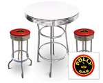 New 3 Piece Bar Table Set Includes 2 Swivel Seat Bar Stools featuring Polly Gas Theme with Red Seat Cushion