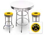 New 3 Piece Bar Table Set Includes 2 Swivel Seat Bar Stools featuring Polly Gas Theme with Yellow Seat Cushion