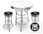 New 3 Piece Bar Table Set Includes 2 Swivel Seat Bar Stools featuring Route 66 Theme with Black Seat Cushion
