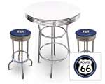 New 3 Piece Bar Table Set Includes 2 Swivel Seat Bar Stools featuring Route 66 Theme with Blue Seat Cushion