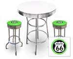 New 3 Piece Bar Table Set Includes 2 Swivel Seat Bar Stools featuring Route 66 Theme with Bright Green Seat Cushion