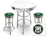 New 3 Piece Bar Table Set Includes 2 Swivel Seat Bar Stools featuring Route 66 Theme with Green Seat Cushion