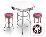 New 3 Piece Bar Table Set Includes 2 Swivel Seat Bar Stools featuring Route 66 Theme with Hot Pink Seat Cushion