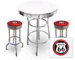 New 3 Piece Bar Table Set Includes 2 Swivel Seat Bar Stools featuring Route 66 Theme with Red Seat Cushion