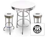 New 3 Piece Bar Table Set Includes 2 Swivel Seat Bar Stools featuring Route 66 Theme with White Seat Cushion
