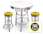 New 3 Piece Bar Table Set Includes 2 Swivel Seat Bar Stools featuring Route 66 Theme with Yellow Seat Cushion