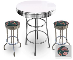 Bar Table Set 3-Piece White and Chrome Table with 2 – 29” Swivel Stools Featuring the St. Louis Cardinals MLB Fleece Team Fabric and Clear Vinyl Covered Seat Cushions