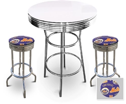 Bar Table Set 3-Piece White and Chrome Table with 2 – 29” Swivel Stools Featuring the New York Mets MLB Fleece Team Fabric and Clear Vinyl Covered Seat Cushions