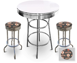 Bar Table Set 3-Piece White and Chrome Table with 2 – 29” Swivel Stools Featuring the Boston Red Sox MLB Fleece Team Fabric and Clear Vinyl Covered Seat Cushions