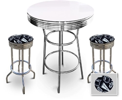 Bar Table Set 3-Piece White and Chrome Table with 2 – 29” Swivel Stools Featuring the Chicago White Sox MLB Fleece Team Fabric and Clear Vinyl Covered Seat Cushions