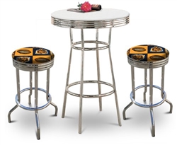 Bar Table Set 3-Piece White and Chrome Table with 2 – 29” Swivel Stools Featuring the Chicago Bears NFL Fleece Team Fabric and Clear Vinyl Covered Seat Cushions
