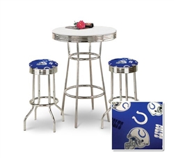 Bar Table Set 3-Piece White and Chrome Table with 2 – 29” Swivel Stools Featuring the Indianapolis Colts NFL Team Fabric and Clear Vinyl Covered Seat Cushions