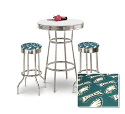 Bar Table Set 3-Piece White and Chrome Table with 2 – 29” Swivel Stools Featuring the Philadelphia Eagles NFL Team Fabric and Clear Vinyl Covered Seat Cushions