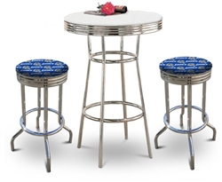 Bar Table Set 3-Piece White and Chrome Table with 2 – 29” Swivel Stools Featuring the Detriot Lions NFL Team Fabric and Clear Vinyl Covered Seat Cushions