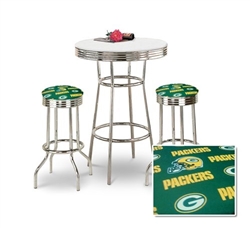 Bar Table Set 3-Piece White and Chrome Table with 2 – 29” Swivel Stools Featuring the Green Bay Packers NFL Team Fabric and Clear Vinyl Covered Seat Cushions