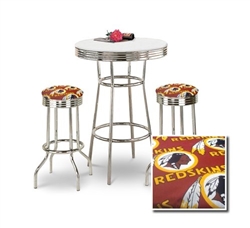 Bar Table Set 3-Piece White and Chrome Table with 2 – 29” Swivel Stools Featuring the Washington Redskins NFL Team Fabric and Clear Vinyl Covered Seat Cushions