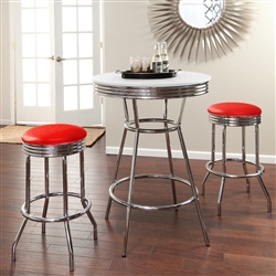 36" Tall Chrome Bar Table & 2 Glitter Red Vinyl Seat Barstools